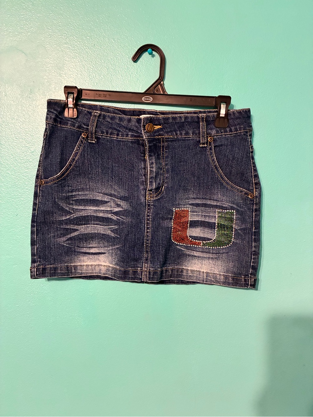Miami Hurricanes Denim Mini Skirt with Rhinestone U Accent